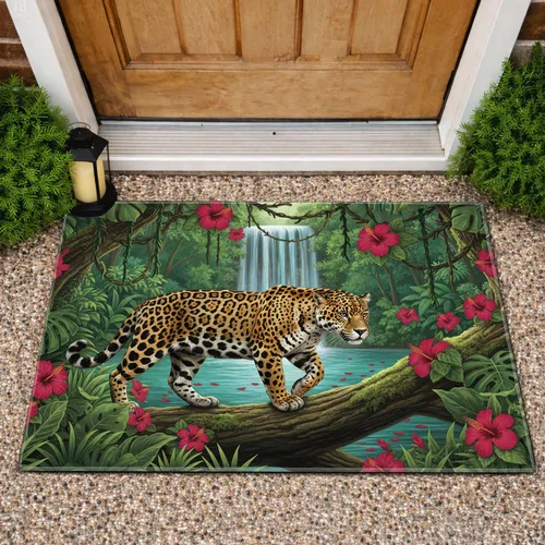 Jaguar Tropical Jungle Waterfall Hibiscus - Wildlife Lover Home Decor Gift Doormat