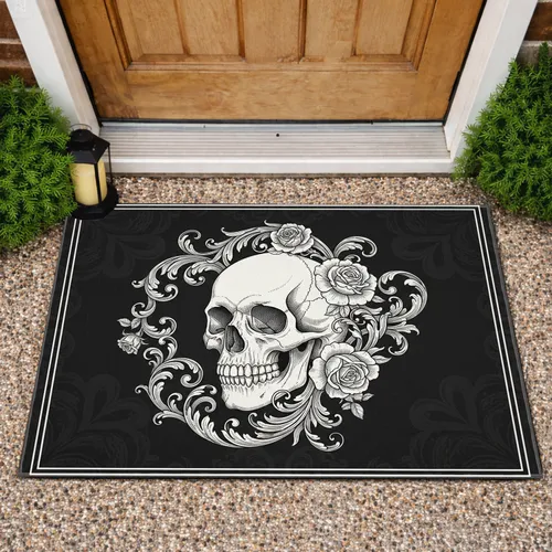 Black White Gothic Baroque Human Skull Acanthus Leaves Blooming Roses - Home Decor Gift Doormat