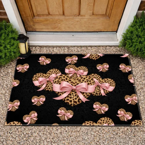 Velvet Black Leopard Print Hearts Pink Bows - Home Decor Gift Doormat