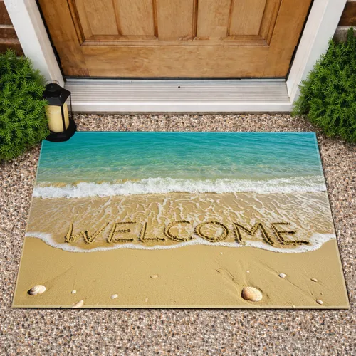 WELCOME Golden Beach Sand Turquoise Ocean Wave - Seaside Home Decor Gift Doormat