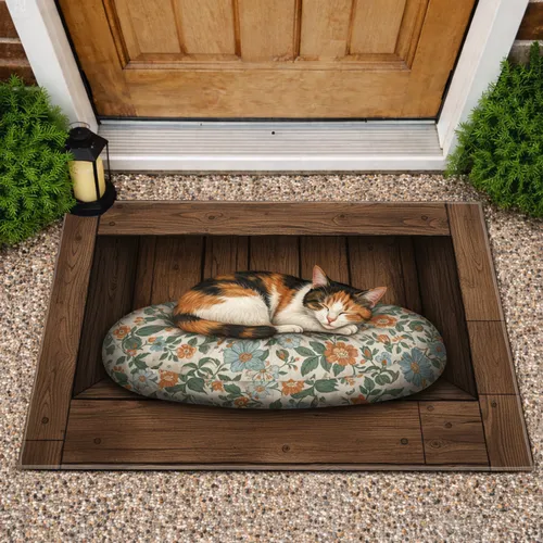 Calico Cat Floral Cushion Rustic Wood - Home Decor Gift for Cat Lover Doormat