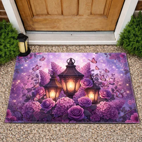 Antique Lanterns Roses Lilacs Hydrangeas Butterflies - Enchanted Garden Home Decor Doormat