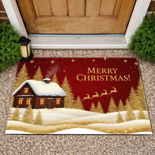 Log Cabin Reindeer Pine Trees Merry Christmas - Christmas Home Decor Doormat