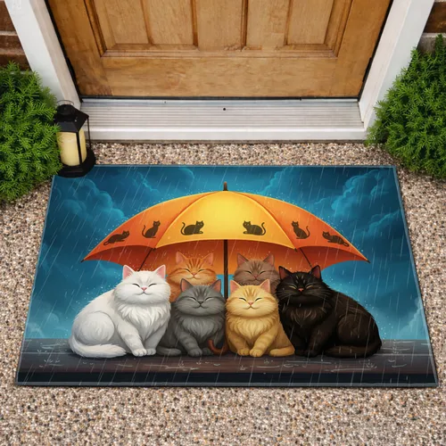 Six Plump Huddled Cats Umbrella Rain - Home Decor Gift for Cat Lovers Doormat