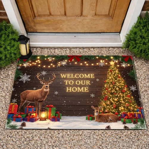 Majestic Deer Christmas Tree Glow Gold Welcome Home - Festive Winter Holiday Decor Gift Doormat