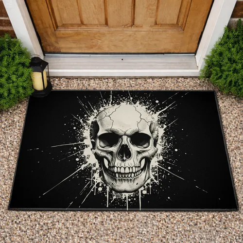 Realistic Cracked Human Skull Bone Splatter - High Contrast Dark Textured Home Decor Gift Doormat