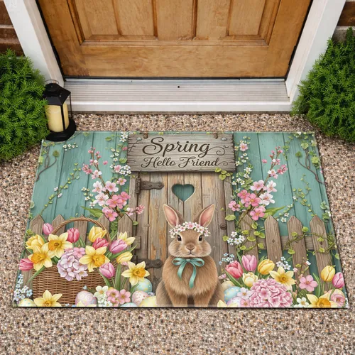 Spring Hello Friend Rabbit Door Easter Eggs - Home Decor Gift Doormat