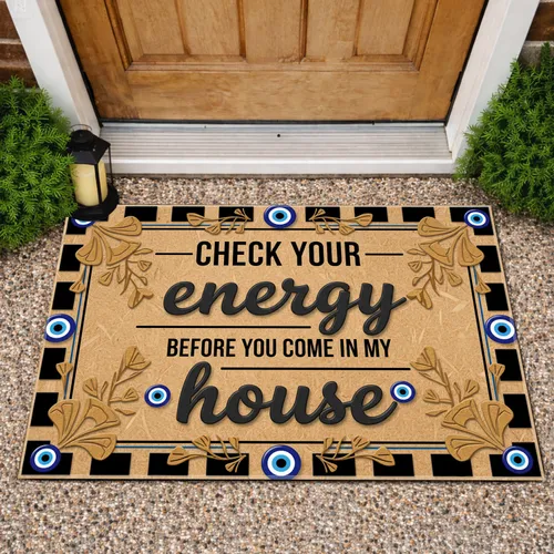 Evil Eye Talismans Energy House Quote Leafy Vine Rustic Background - Home Decor Gift Doormat