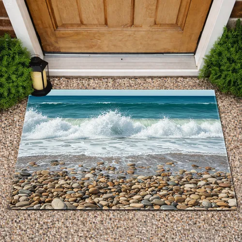 Frothy Ocean Wave Beach Pebbles Receding Water - Coastal Landscape Home Decor Gift Doormat