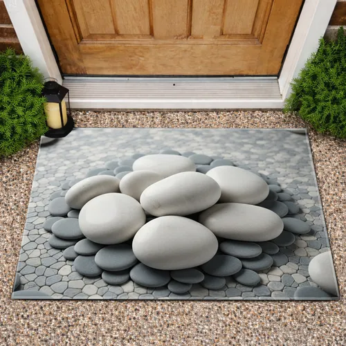 White Grey Rounded River Stone Pebble Mosaic - Everyday Home Decor Doormat