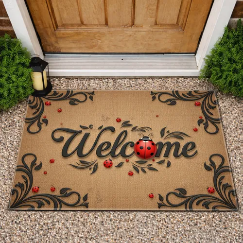 Ladybug Welcome Text Scrollwork Leaf - Home Decor Gift for Garden Lover Doormat