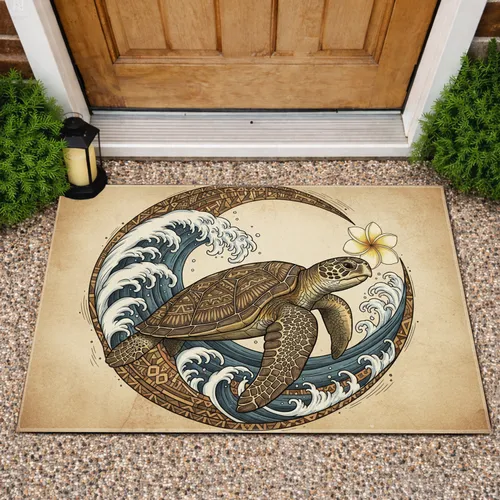Sea Turtle Plumeria Flower Crescent Moon Ocean Waves - Tropical Home Decor Gift for Wildlife Lover Doormat