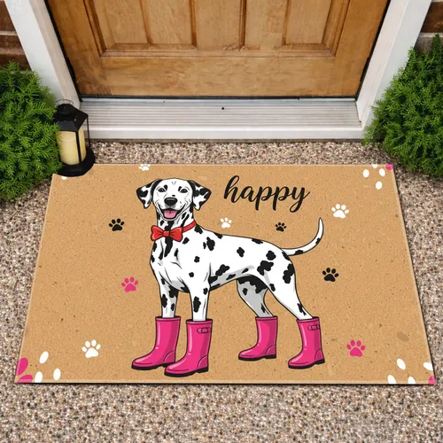 Happy Dalmatian Dog Rain Boots Bowtie - Farmhouse Decor Dog Lover Gift Doormat