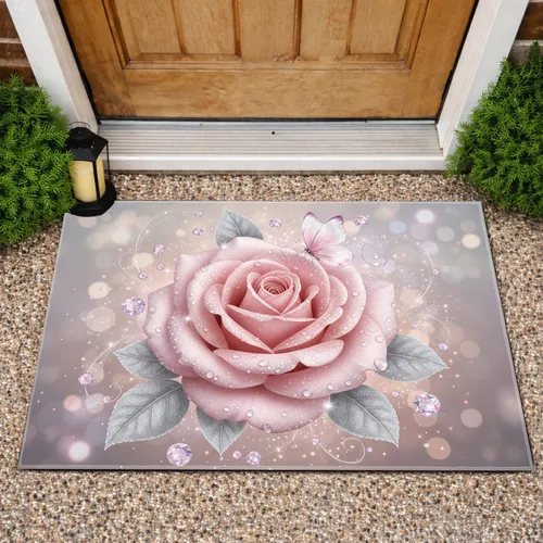 Pink Rose Butterfly Crystal Gems Dewdrop Shimmering Light Elegant Home Decor Rose Lover Gift Doormat