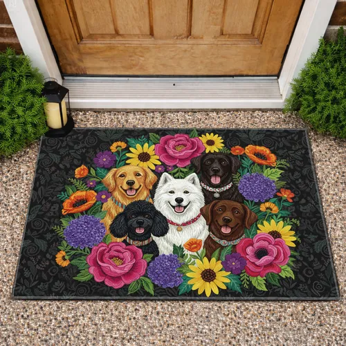 Smiling Dogs Vibrant Flower Garden - Home Decor Gift for Dog Lovers Doormat