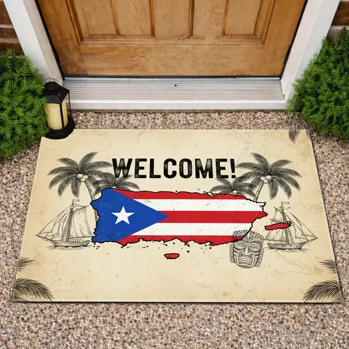 Puerto Rico Map Flag Welcome Palm Tree - Home Decor Gift for Caribbean Lover Doormat