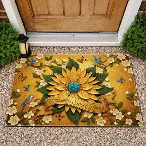 Golden Multi-Petal Floral Welcome Sweet Home Birds Butterflies - Home Decor Gift Doormat
