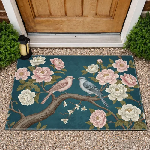 Two Perched Birds Floral Branch Peonies Camellias - Nature Lover Home Decor Gift Doormat