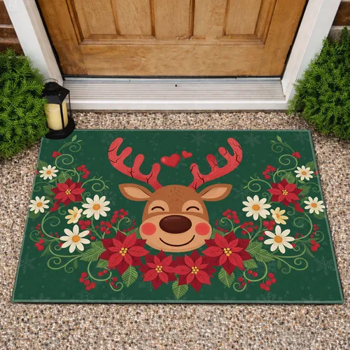 Cheerful Reindeer Poinsettia Flowers - Christmas Holiday Home Decor Gift for Deer Lover Doormat