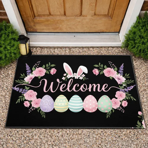 Welcome Bunny Easter Eggs Spring Floral - Easter Home Decor Gift Doormat