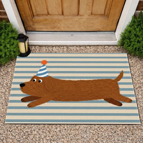 Stretched Shaggy Brown Dog Blue Striped Party Hat - Home Decor Gift for Dog Lovers Doormat