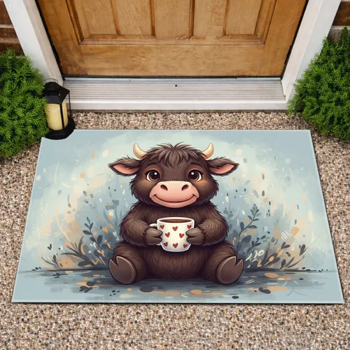 Dark Brown Fluffy Shaggy Cow Holding Heart Mug - Farmhouse Decor Gift for Cow Lover Doormat