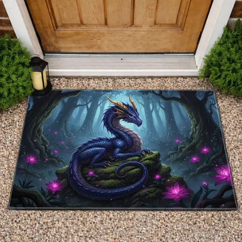 Deep Purple Dragon Dark Fantasy Forest Moss Rock Gnarled Trees Home Decor for Fantasy Fan Doormat