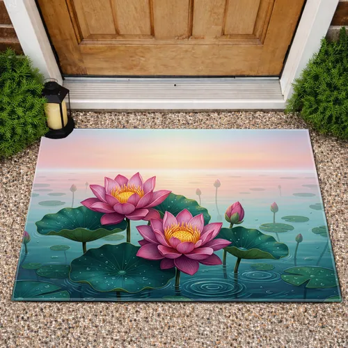 Vibrant Pink Purple Lotus Flowers Golden Center Lily Pads Water Garden - Home Decor Gift Doormat