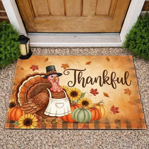 Pilgrim Turkey Thankful Script Harvest Pumpkins Sunflowers - Thanksgiving Holiday Doormat