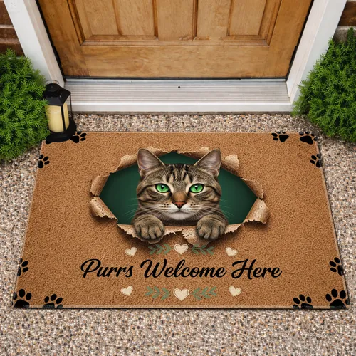 Realistic Tabby Cat Emerald Eyes Purrs Welcome Here - Rustic Home Decor for Cat Lovers Doormat