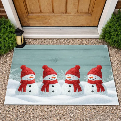 Knitted Snowmen Glistening Snow Rustic Wood Wall - Holiday Winter Decor Gift Doormat