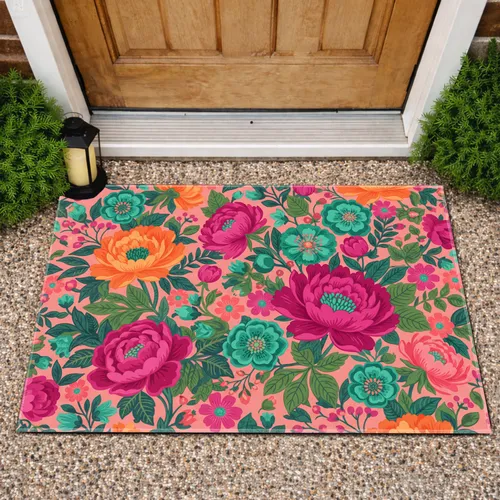 Lush Blooming Peony Garden Rosette Blossoms Berries - Home Decor Gift Doormat