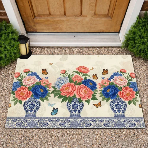 Blue White Chinoiserie Peonies Butterflies Floral Home Decor Gift Doormat