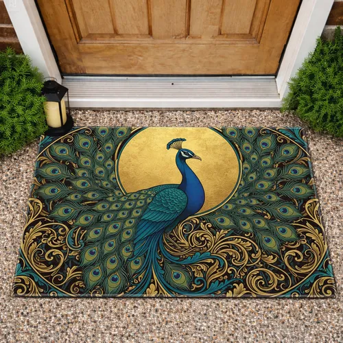 Peacock Golden Halo Art Nouveau Swirls - Home Decor Gift for Peacock Lover Doormat