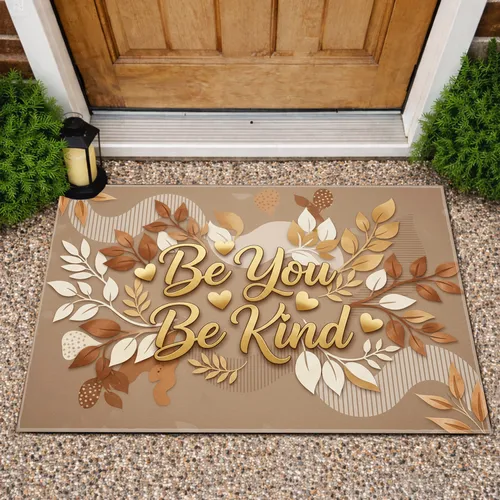 Be You Be Kind Golden Script Hearts Botanical Leaves - Everyday Home Decor Gift Doormat