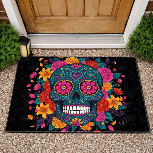 Sugar Skull Calavera Pink Floral Yellow Orange Foliage Día de Muertos Home Decor Gift Doormat