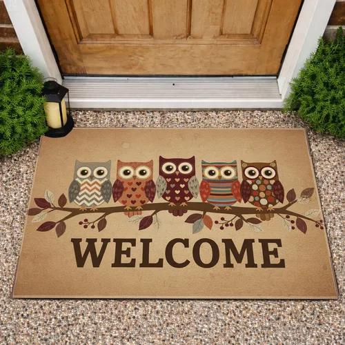 Folksy Owl Family Perched Gnarled Branch Welcome Sign - Rustic Entryway Home Decor Gift Doormat