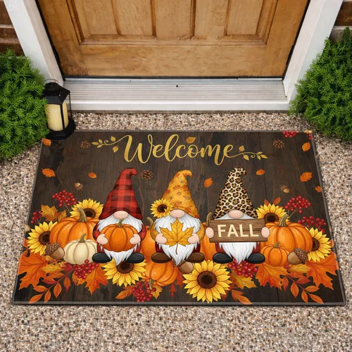 Welcome Gnomes Fall Pumpkins Maple Leaf Berries - Autumn Home Decor Doormat