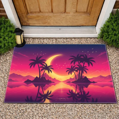 Tropical Sunset Seascape Palm Trees Moon Island Shoreline - Home Decor Gift Doormat