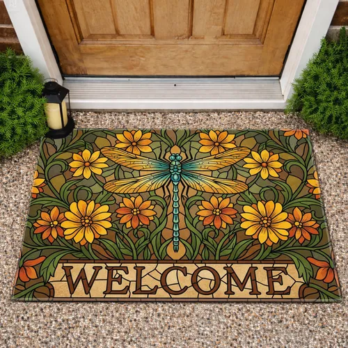 Welcome Dragonfly Flower Garden Lush Foliage Home Entryway Decoration Gift Doormat