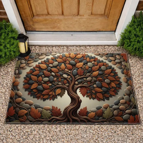Richly Textured Gnarled Tree River Stone Leaf Mosaic - Earthy Home Decor Gift Doormat