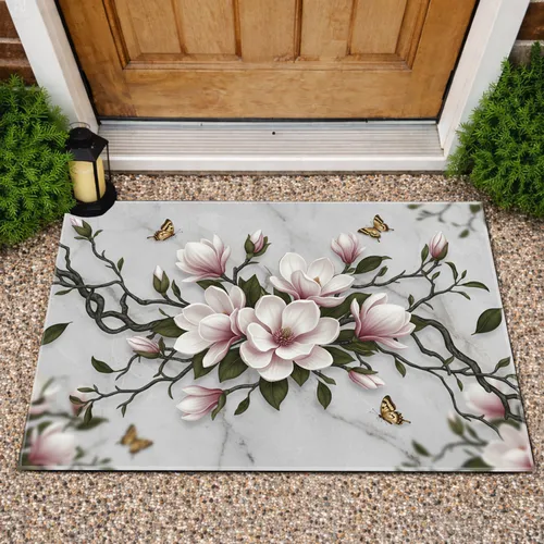 Magnolia Blossoms Butterflies Marble - Home Decor Gift for Floral Lover Doormat