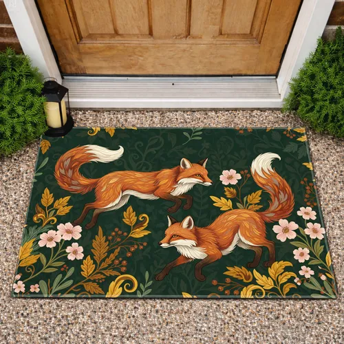 Foxes Autumn Forest Wildflowers - Wildlife Lover Home Decor Gift for Fox Lover Doormat