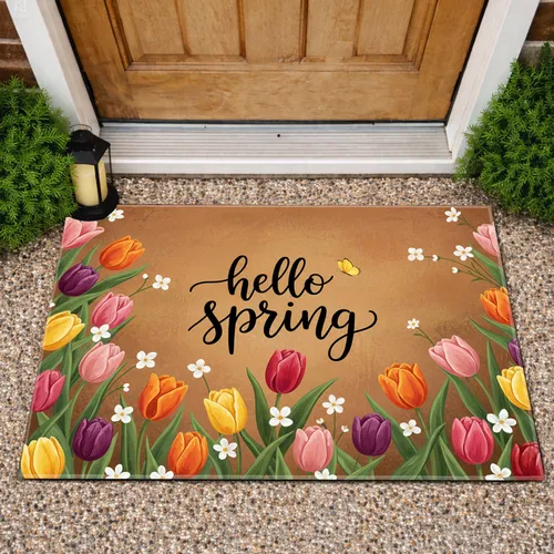 Hello Spring Tulips Four Petal Flowers Butterfly Rich Soil Garden - Spring Home Decor Doormat