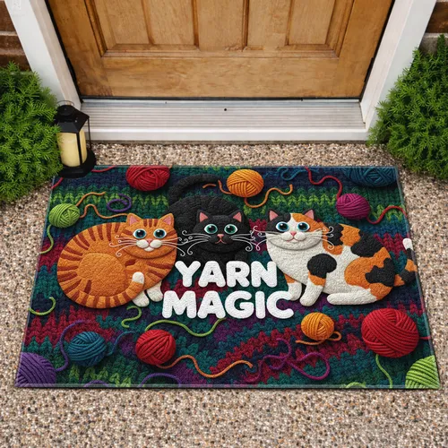 Plump Cats Yarn Balls Knitted Fabric Home Decor Gift for Cat Lover Doormat