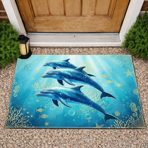 Dolphins Coral Starfish Seahorse Seashells Underwater Scene - Ocean Lover Home Decor Gift Doormat