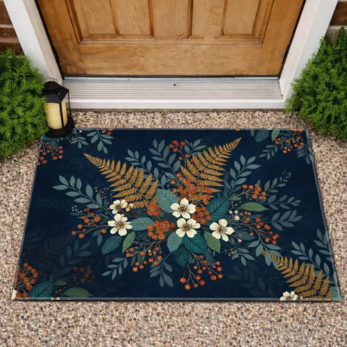 Golden Bronze Fern Fronds Rusty Berries Tropical Autumn Foliage Home Decor Gift Doormat