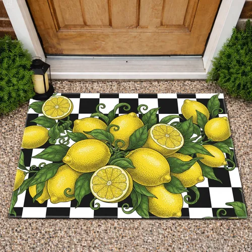 Bountiful Yellow Lemons Green Leaves Slices Checkerboard Background - Home Decor Gift Doormat