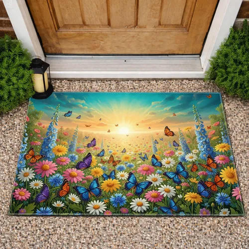 Garden Wildflower Butterflies Meadow Rising Sun Morning Light - Home Decor Gift Doormat