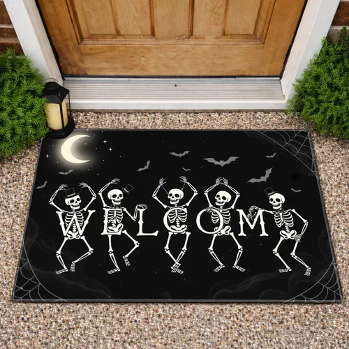Dancing Skeletons Welcome Spiderwebs Bats Moon - Halloween Party Home Decor Doormat